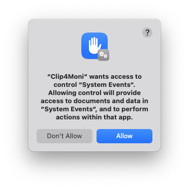 macOS dialog showing a message that Clip4Moni wants access to control System Events